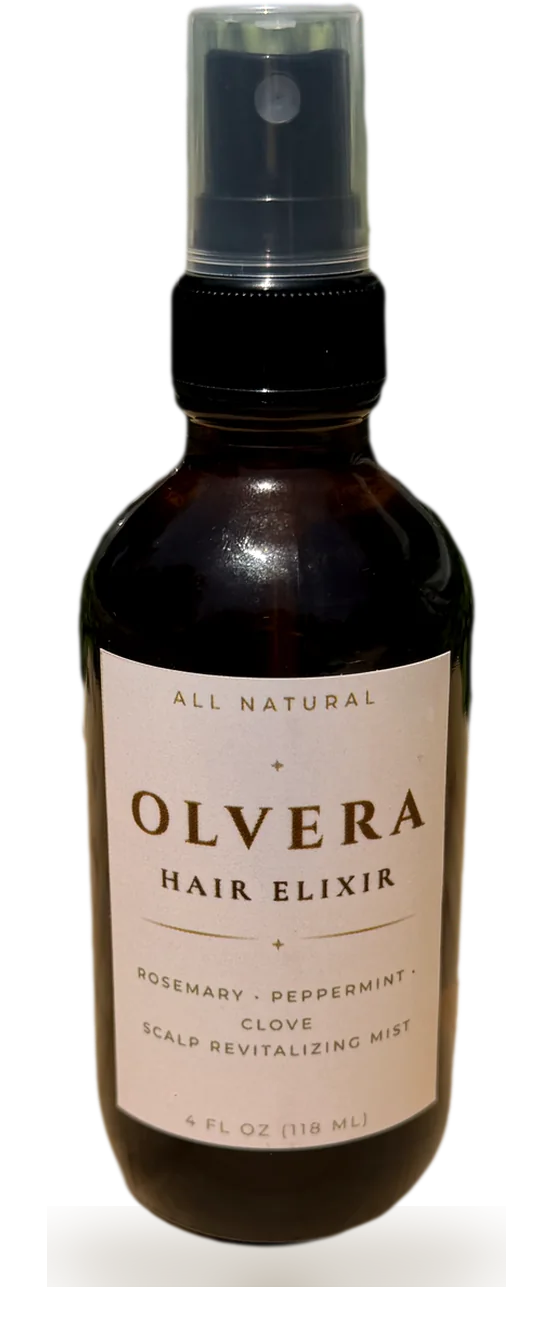 OLVERA Hair Elixir, a 4 fl oz amber glass spray bottle